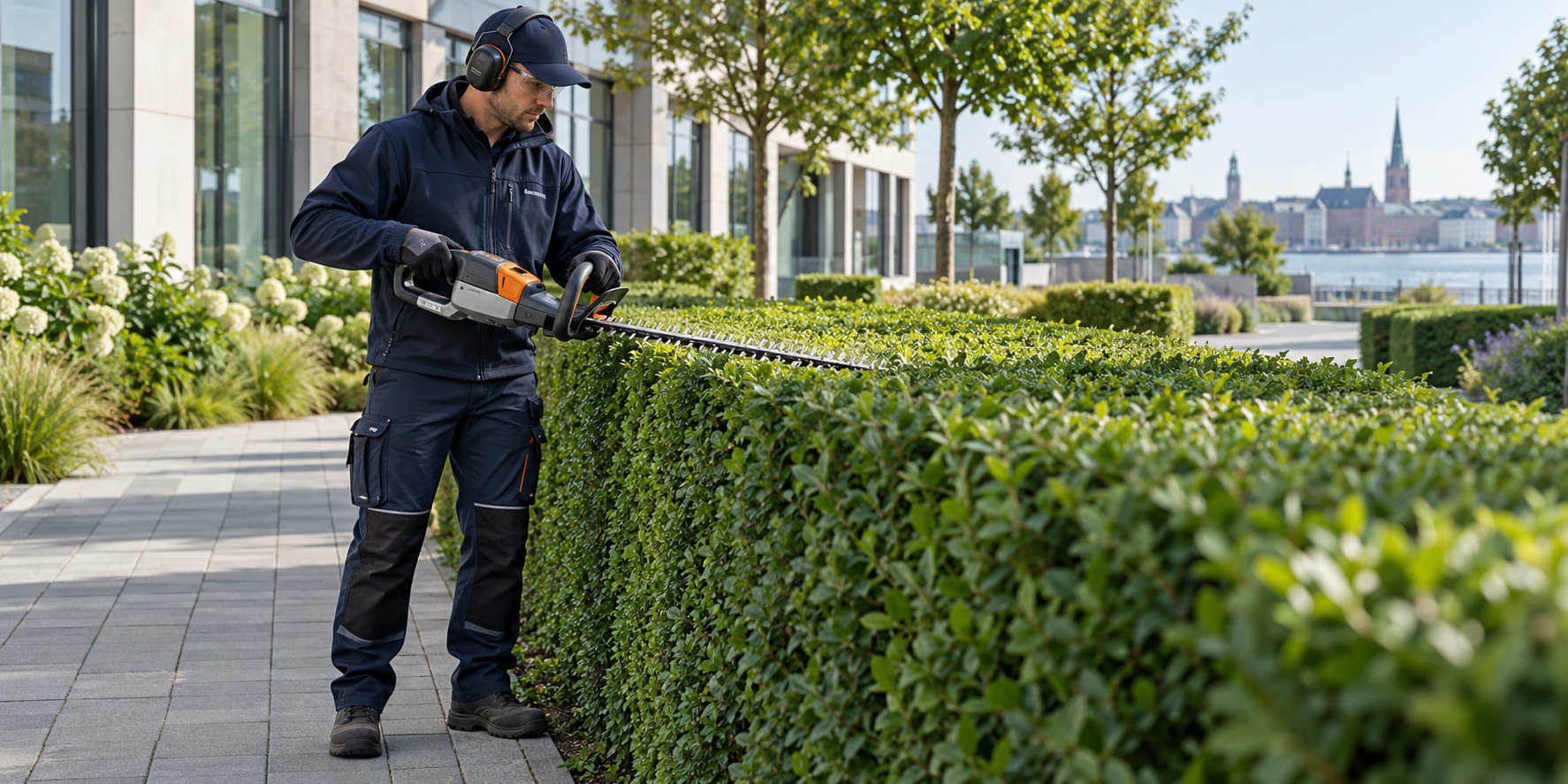 Mitarbeiter von Objektservice Kiel schneidet eine Hecke auf einem Gewerbegrundstück