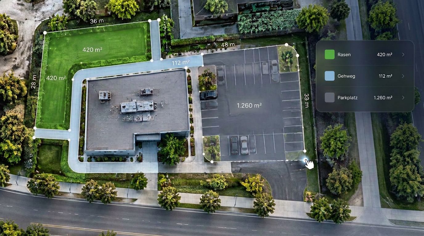 Luftbild eines Firmengeländes mit eingezeichneten Flächen für Rasen, Gehweg und Parkplatz