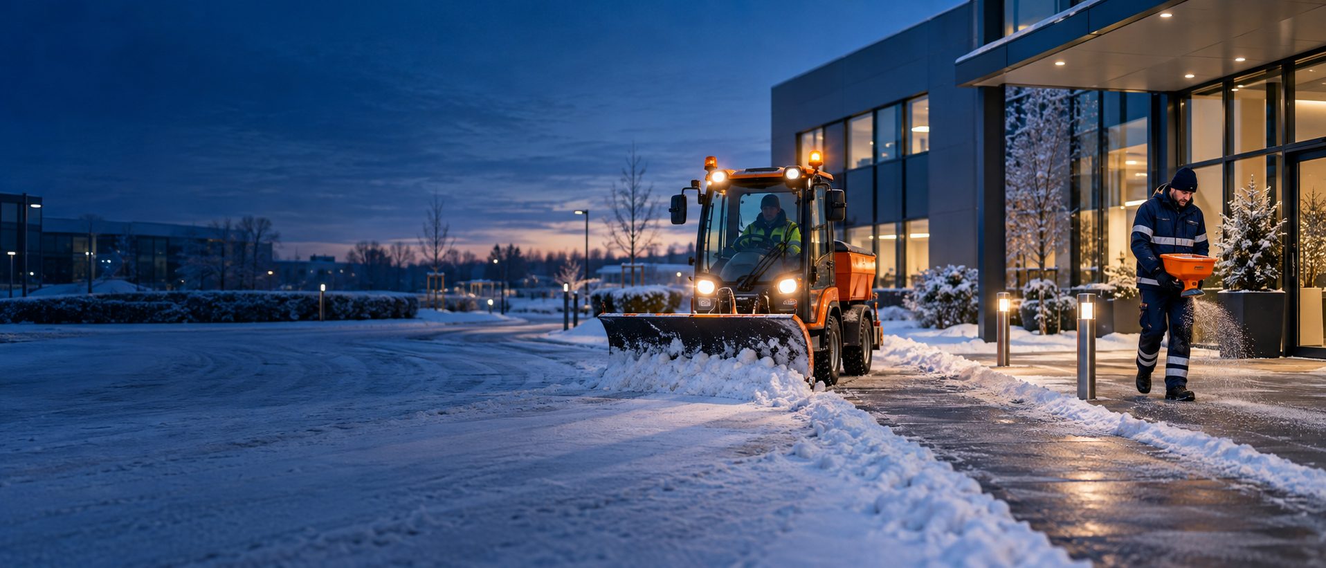 Räumfahrzeug beim Winterdienst auf einem Firmengelände